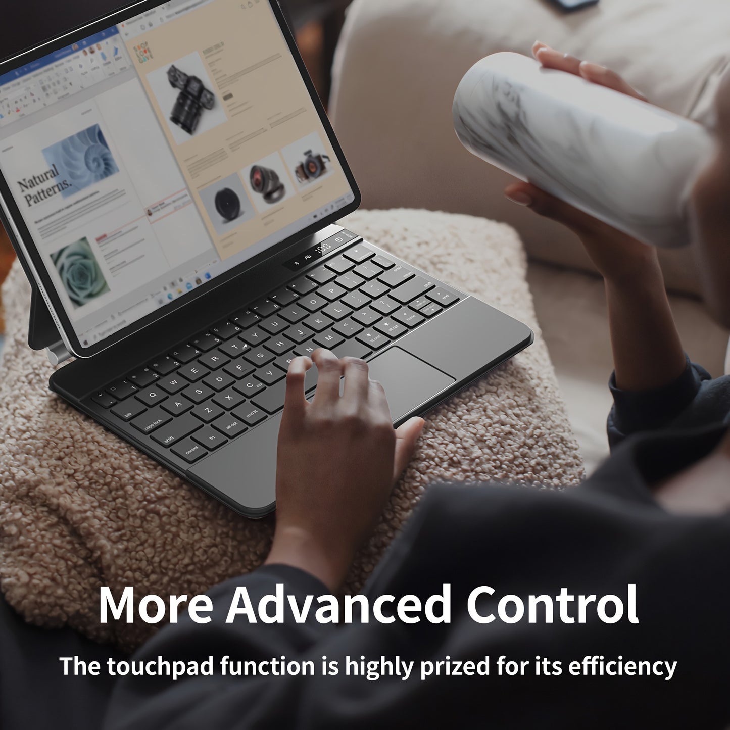 The Sole Tablet Cover Featuring a Keyboard for Ipad, Equipped with a Magic Keyboard That Shows Power Status in Real-Time, Includes a Multi-Touch Trackpad, And Has a Backlit Wireless Keyboard in Gray And White for US English.