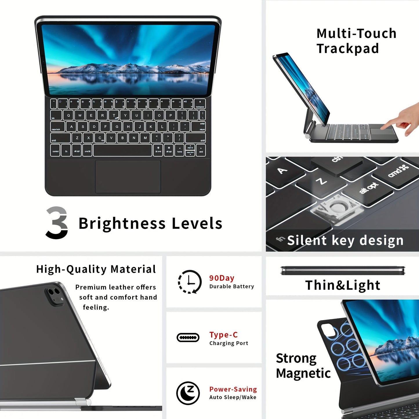 The Sole Tablet Cover Featuring a Keyboard for Ipad, Equipped with a Magic Keyboard That Shows Power Status in Real-Time, Includes a Multi-Touch Trackpad, And Has a Backlit Wireless Keyboard in Gray And White for US English.