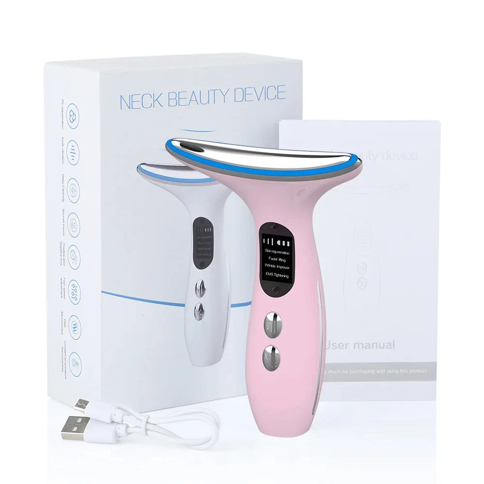 EMS LED Light Neck Face Massage 3 Colors Electric Vibration Hot Compress Skin Lift Tighten Smooth Firm Repair Skin Rejuvenation