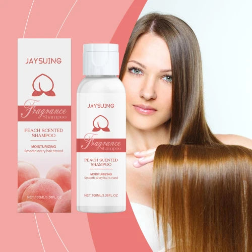 Jaysuing Ladies White Peach Fragrance Shampoo bottle and packaging with model showing smooth, shiny hair for dry and damaged hair care.