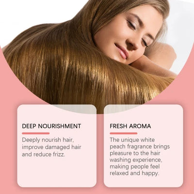 Woman enjoying soft, nourished hair with Jaysuing White Peach Fragrance Shampoo highlighting deep nourishment and fresh aroma benefits.