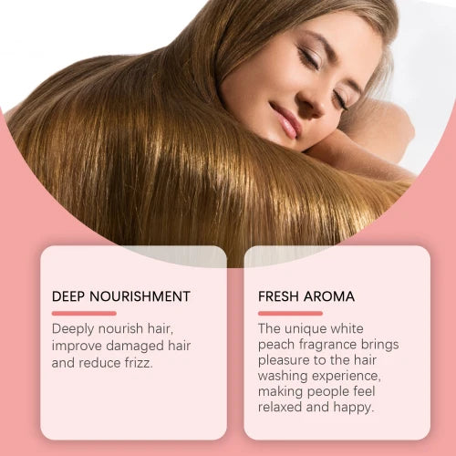 Woman enjoying soft, nourished hair with Jaysuing White Peach Fragrance Shampoo highlighting deep nourishment and fresh aroma benefits.