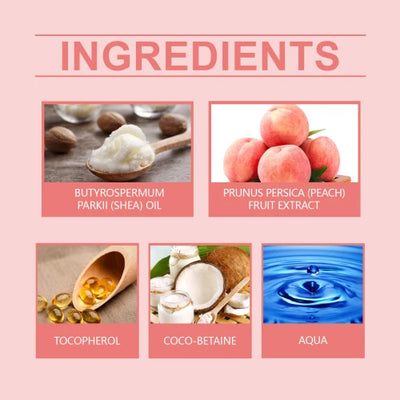 Key ingredients of Jaysuing White Peach Fragrance Shampoo including shea oil, peach extract, tocopherol, coco-betaine, and aqua.