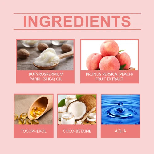 Key ingredients of Jaysuing White Peach Fragrance Shampoo including shea oil, peach extract, tocopherol, coco-betaine, and aqua.