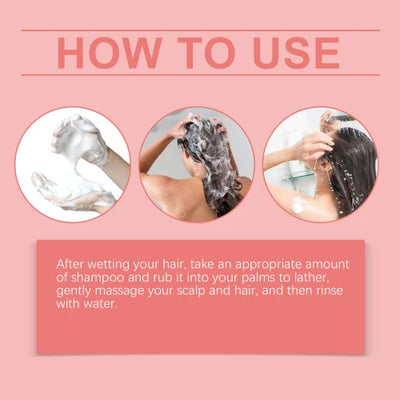 Step-by-step usage guide for Jaysuing White Peach Fragrance Shampoo showing lathering, massaging, and rinsing for best hair results.