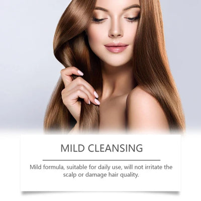 Model with silky hair promoting Jaysuing White Peach Fragrance Shampoo's mild cleansing formula for daily use without scalp irritation.