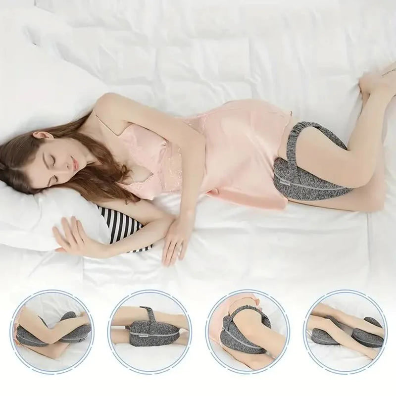 Side sleeper using orthopedic knee pillow for leg support, with illustrations of various sleeping positions.
