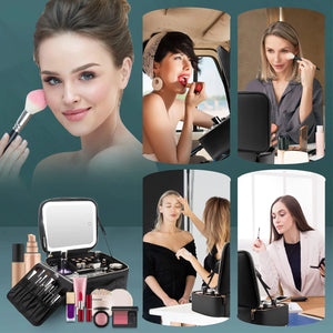 Makeup Organizer with Mirror Light 3 Adjustable Brightness Travel Train Case Cosmetic Bag Portable Storage Partition Waterproof - PrimeandBeauty