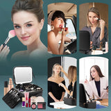 Makeup Organizer with Mirror Light 3 Adjustable Brightness Travel Train Case Cosmetic Bag Portable Storage Partition Waterproof - PrimeandBeauty