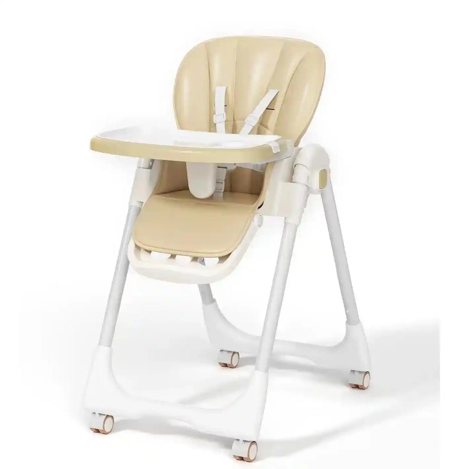 Sejoy Adjustable Baby High Chair with 5-Point Harness 3-Tier Tray & Wheels CE/CPC Certified Children's Dining Chair - PrimeandBeauty
