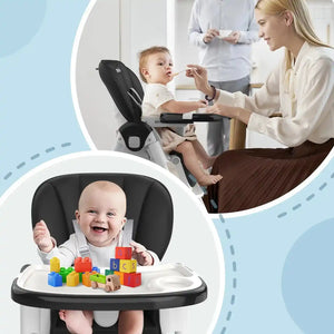 Sejoy Adjustable Baby High Chair with 5-Point Harness 3-Tier Tray & Wheels CE/CPC Certified Children's Dining Chair - PrimeandBeauty