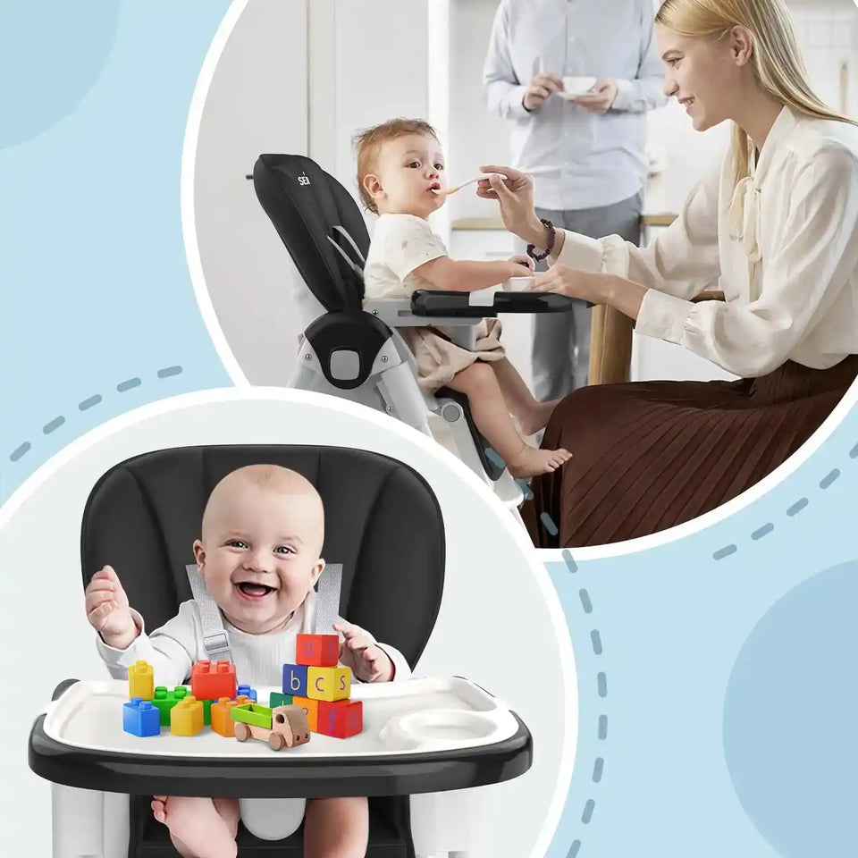 Sejoy Adjustable Baby High Chair with 5-Point Harness 3-Tier Tray & Wheels CE/CPC Certified Children's Dining Chair - PrimeandBeauty