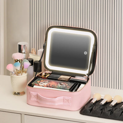 Makeup Travel Train Case with LED Lighted Mirror, 3 Color Adjust Settings, Travel Makeup Bag With Adjustable Dividers, - PrimeandBeauty