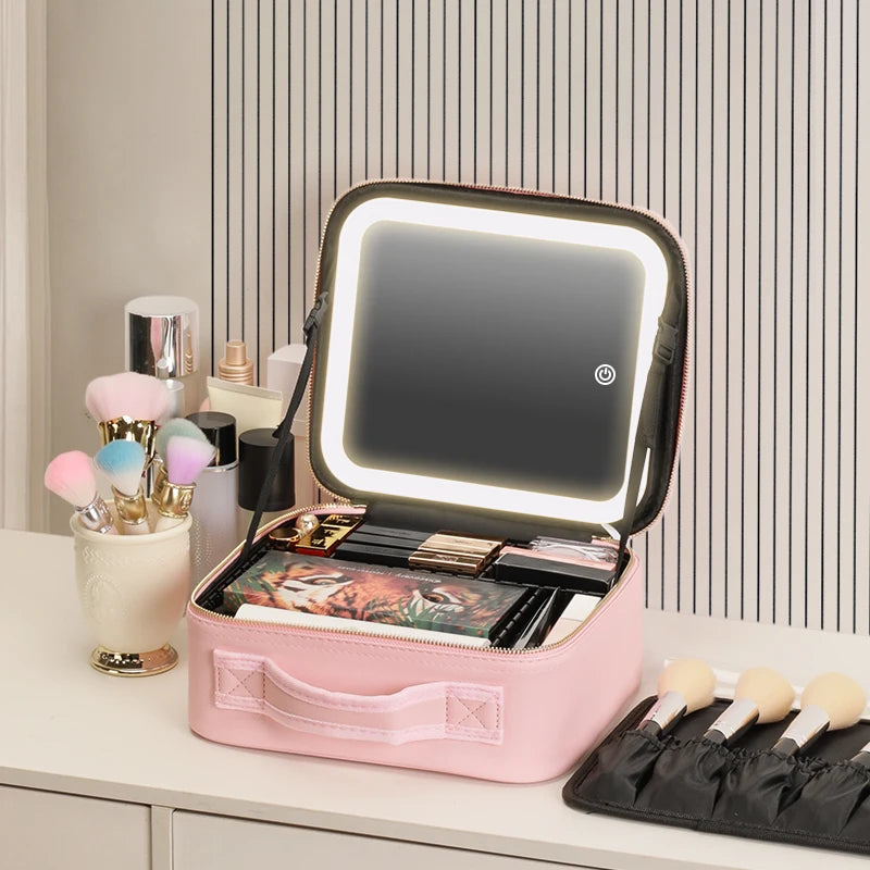 Makeup Travel Train Case with LED Lighted Mirror, 3 Color Adjust Settings, Travel Makeup Bag With Adjustable Dividers, - PrimeandBeauty