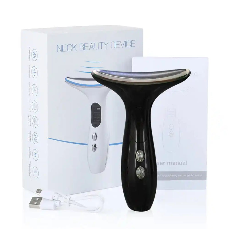 Black EMS Facial Massager & Neck Lifter with full packaging set including USB charger and manual for facial and neck rejuvenation.
