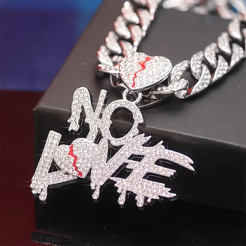 Hip Hop Iced Out Bling Crystal Cuban Chains NO LOVE Necklace Pendants For Men and Women Heart Broke Statement Necklaces Jewelry - PrimeandBeauty