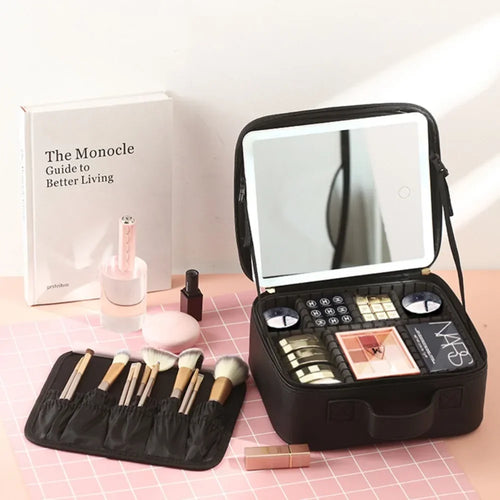 Makeup Organizer with Mirror Light 3 Adjustable Brightness Travel Train Case Cosmetic Bag Portable Storage Partition Waterproof - PrimeandBeauty