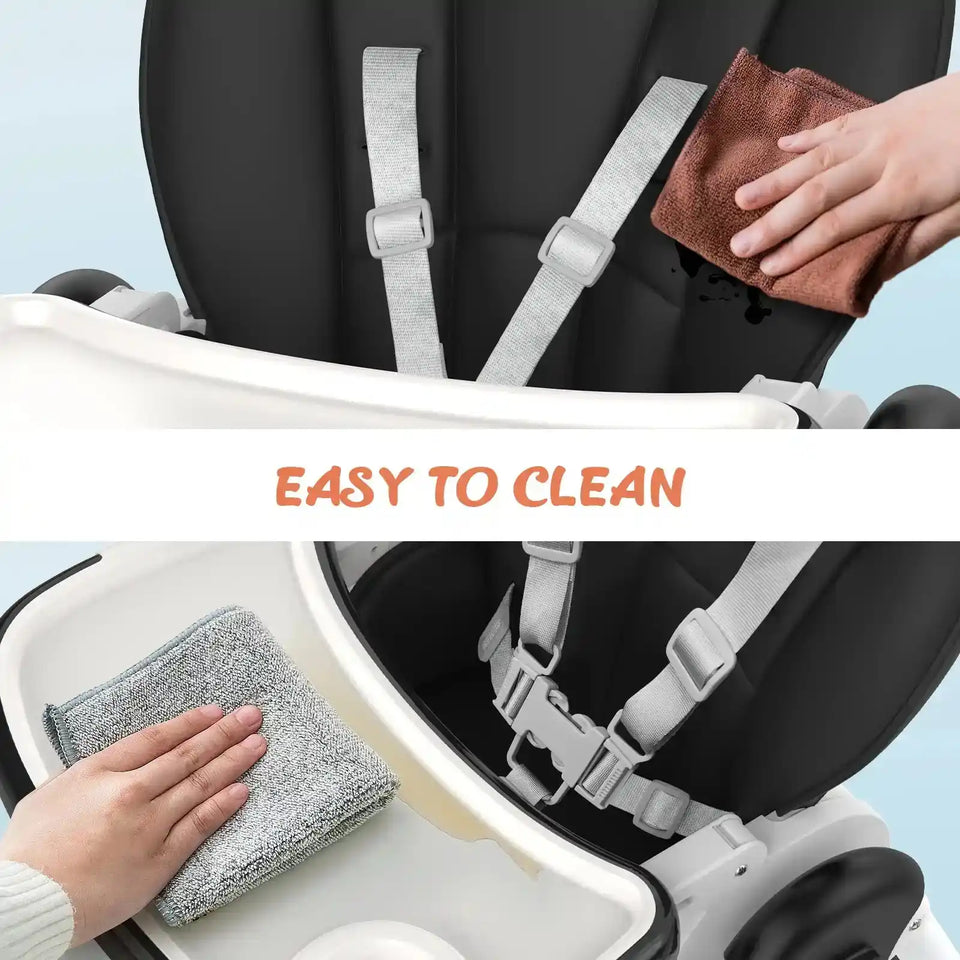 Sejoy Adjustable Baby High Chair with 5-Point Harness 3-Tier Tray & Wheels CE/CPC Certified Children's Dining Chair - PrimeandBeauty