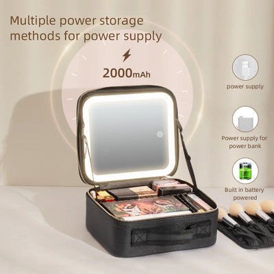 Makeup Travel Train Case with LED Lighted Mirror, 3 Color Adjust Settings, Travel Makeup Bag With Adjustable Dividers, - PrimeandBeauty