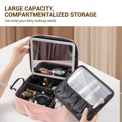 New LED Lighted Cosmetic Case With Mirror PU Leather Portable Travel Makeup Storage Bags Waterproof Travel Makeup Bag - PrimeandBeauty