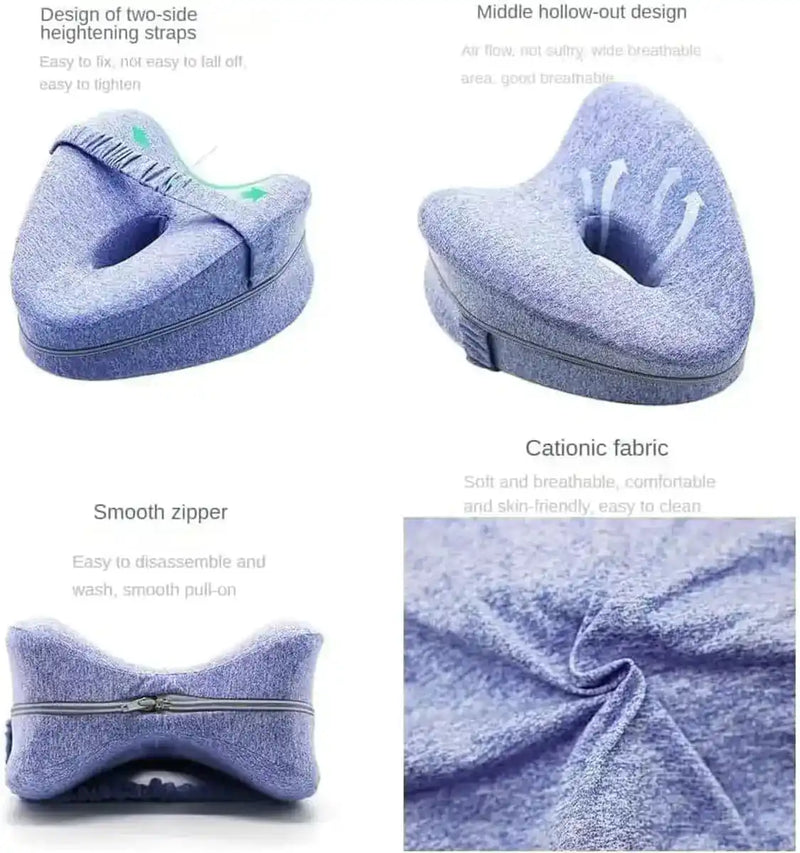 Close-up of Memory Foam Knee Pillow features: breathable fabric, smooth zipper, hollow-out design, and adjustable straps for secure fit.