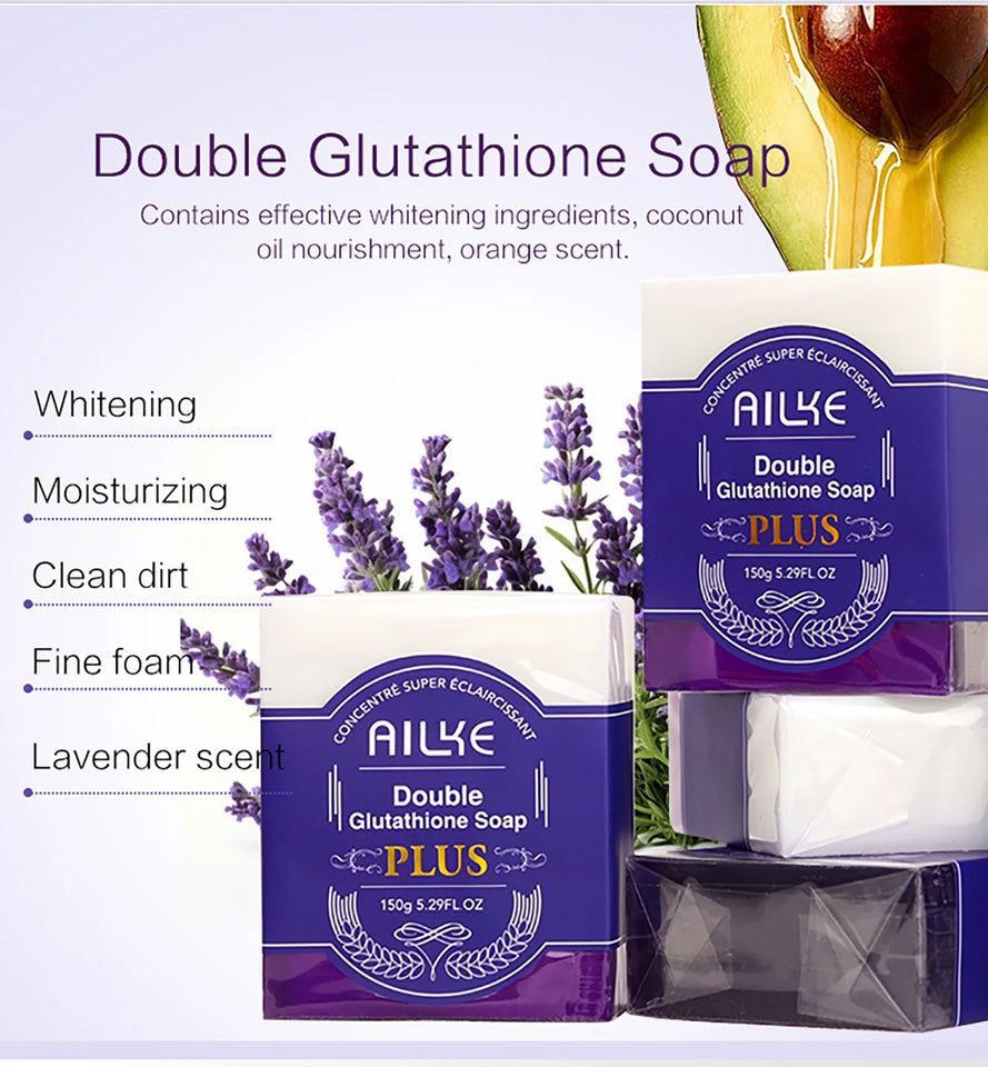 AILKE Double Glutathione PLUS Whitening Soap Bar, Reduce Dark Spots, Deep Clean Skin, Natural Lavender Scented for Face & Body - PrimeandBeauty