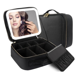 Makeup Organizer with Mirror Light 3 Adjustable Brightness Travel Train Case Cosmetic Bag Portable Storage Partition Waterproof - PrimeandBeauty
