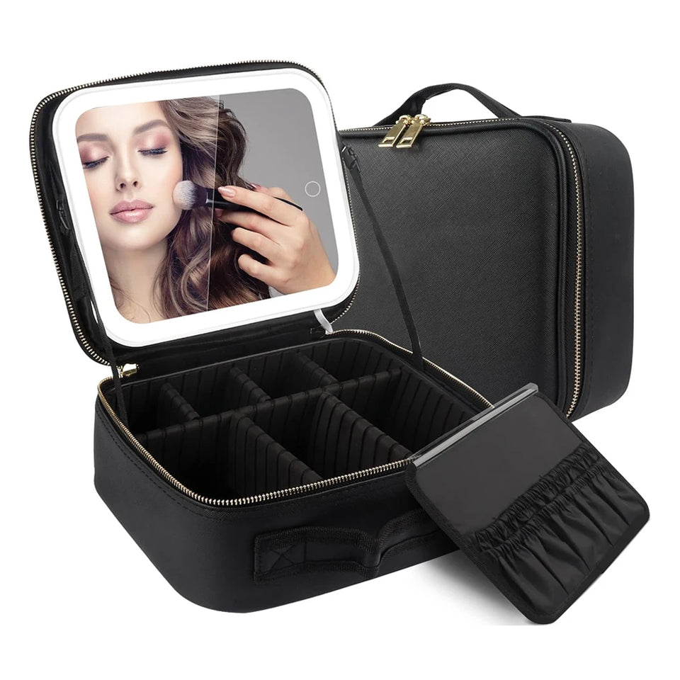 Makeup Organizer with Mirror Light 3 Adjustable Brightness Travel Train Case Cosmetic Bag Portable Storage Partition Waterproof - PrimeandBeauty