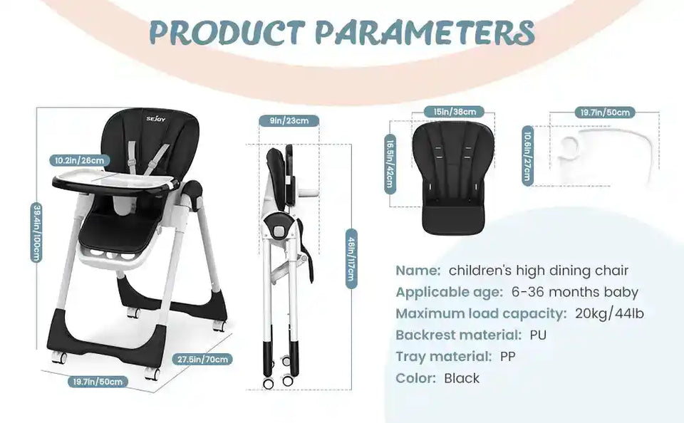Sejoy Adjustable Baby High Chair with 5-Point Harness 3-Tier Tray & Wheels CE/CPC Certified Children's Dining Chair - PrimeandBeauty