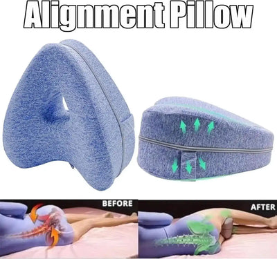 Memory Foam Knee Pillow improves hip alignment with contoured design; before and after comparison shows enhanced spinal posture.