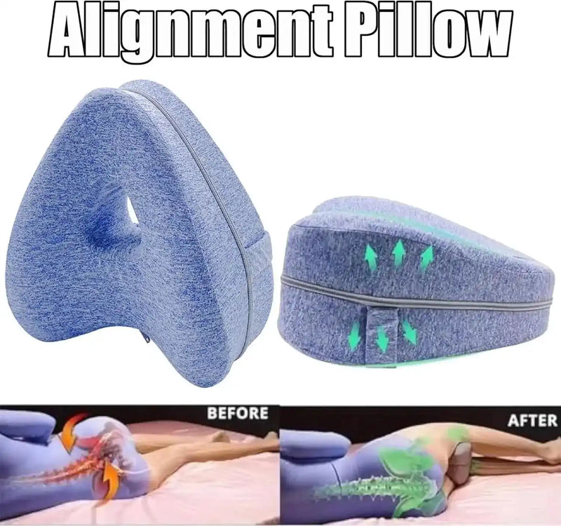 Memory Foam Knee Pillow improves hip alignment with contoured design; before and after comparison shows enhanced spinal posture.