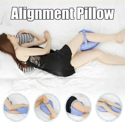 Side sleeper using Memory Foam Knee Pillow for hip alignment; includes four usage positions for optimal comfort and support.