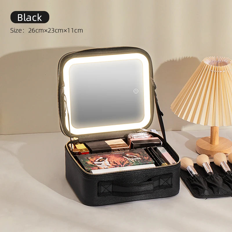 Makeup Travel Train Case with LED Lighted Mirror, 3 Color Adjust Settings, Travel Makeup Bag With Adjustable Dividers, - PrimeandBeauty