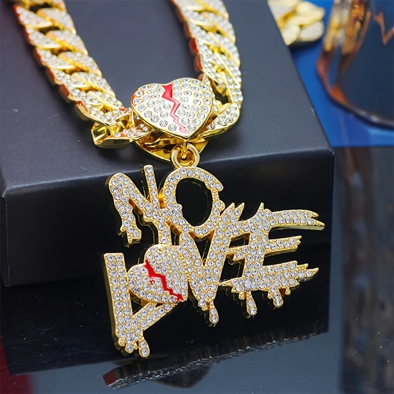 Hip Hop Iced Out Bling Crystal Cuban Chains NO LOVE Necklace Pendants For Men and Women Heart Broke Statement Necklaces Jewelry - PrimeandBeauty