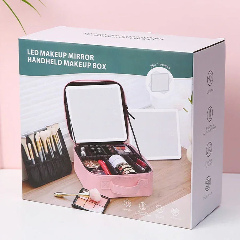 New LED Lighted Cosmetic Case With Mirror PU Leather Portable Travel Makeup Storage Bags Waterproof Travel Makeup Bag - PrimeandBeauty