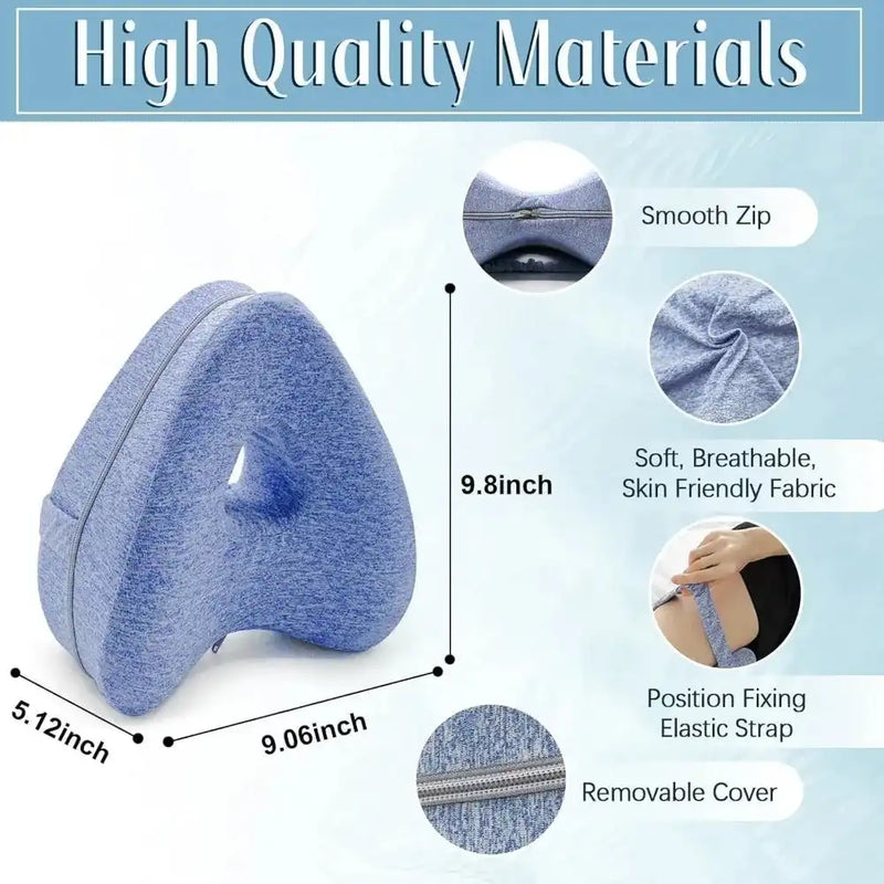 Revoget Neck Pain Pillow dimensions and material features including breathable fabric, smooth zipper, and elastic strap for secure side sleeping support.