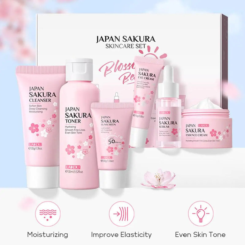 6pcs Sakura Skincare Set – Face Cream, Serum & Toner Collection