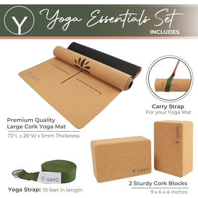 Gayo Premium Cork All-in-One Yoga Essentials Kit -Large Cork Yoga Mat and Blocks Set with Carry Strap and Alignment lines - PrimeandBeauty