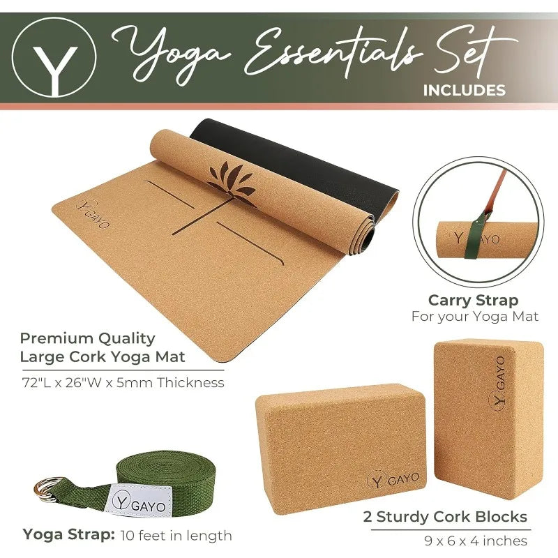 Gayo Premium Cork All-in-One Yoga Essentials Kit -Large Cork Yoga Mat and Blocks Set with Carry Strap and Alignment lines - PrimeandBeauty