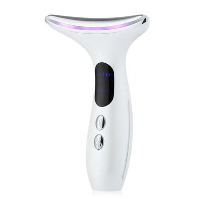 EMS Face Massager in violet LED mode for skin balance and firmness, designed for wrinkle reduction and facial contouring.