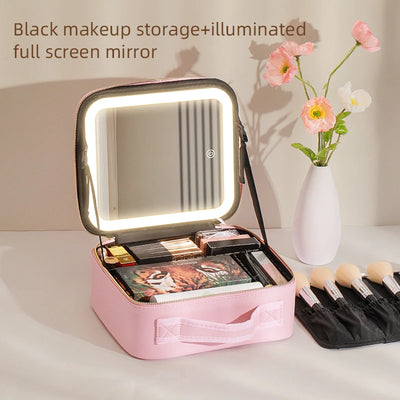 Makeup Travel Train Case with LED Lighted Mirror, 3 Color Adjust Settings, Travel Makeup Bag With Adjustable Dividers, - PrimeandBeauty