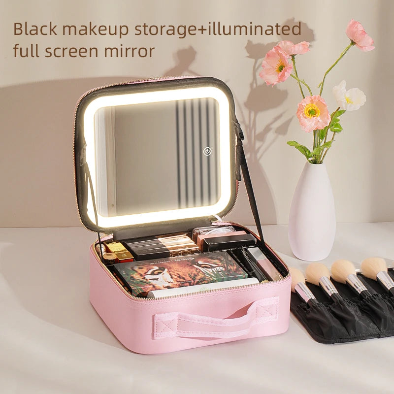 Makeup Travel Train Case with LED Lighted Mirror, 3 Color Adjust Settings, Travel Makeup Bag With Adjustable Dividers, - PrimeandBeauty