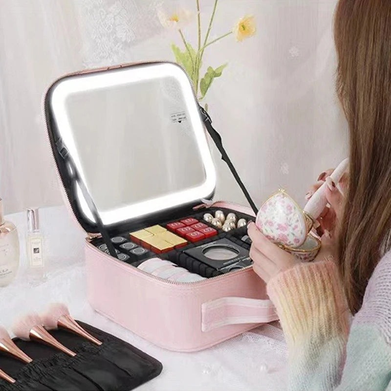 New LED Lighted Cosmetic Case with Mirror Waterproof PU Leather Portable Travel Makeup Storage Bags - PrimeandBeauty