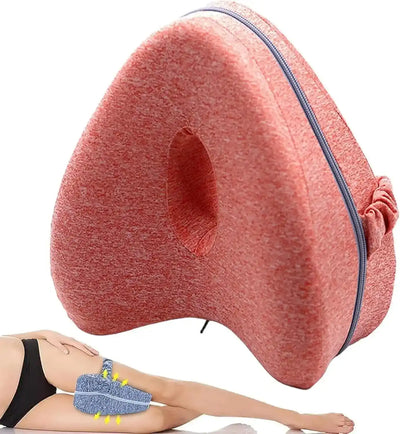 Red Memory Foam Knee Pillow with contoured design; supports hip alignment and comfort for side sleepers.