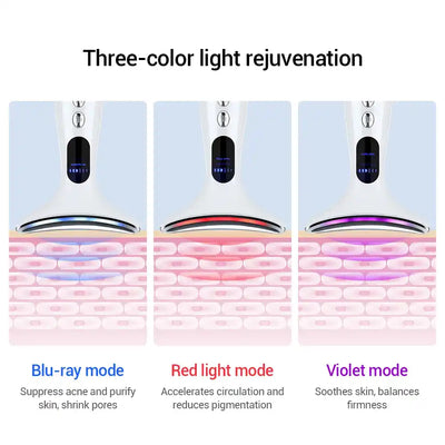 Three-color LED light modes of EMS Facial Massager & Neck Lifter for acne care, pigmentation reduction, and skin firming.