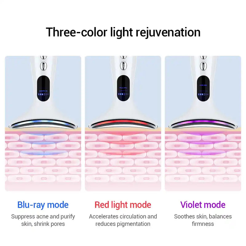 Three-color LED light modes of EMS Facial Massager & Neck Lifter for acne care, pigmentation reduction, and skin firming.