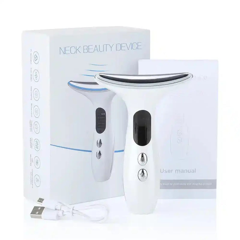 White EMS Face Massager with LED microcurrent, USB cable, and user manual, ideal for facial lifting and wrinkle reduction.