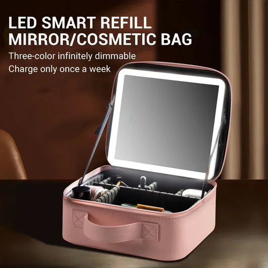 New LED Lighted Cosmetic Case With Mirror PU Leather Portable Travel Makeup Storage Bags Waterproof Travel Makeup Bag - PrimeandBeauty