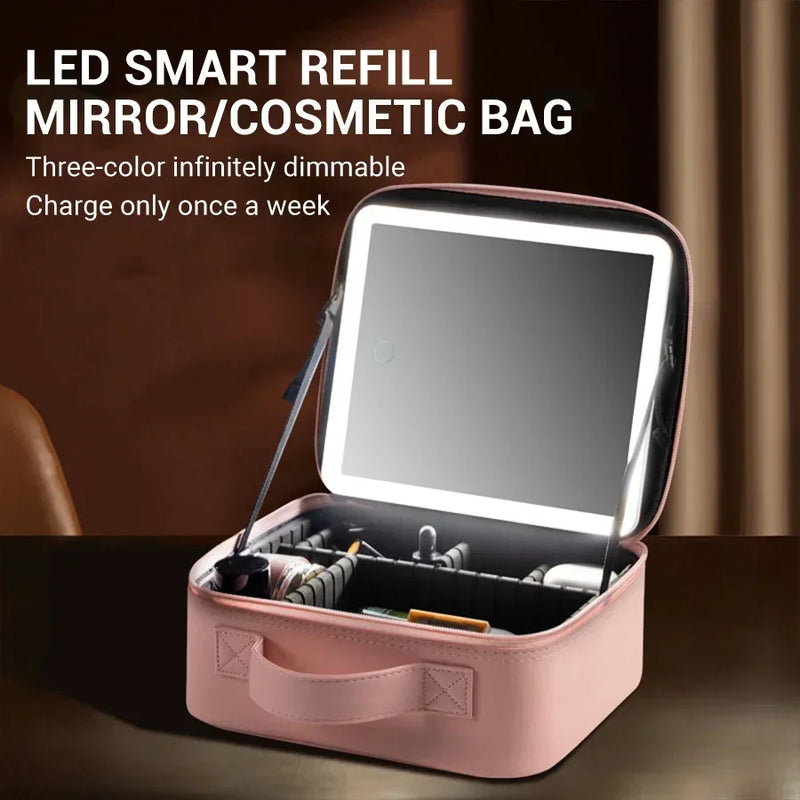 New LED Lighted Cosmetic Case With Mirror PU Leather Portable Travel Makeup Storage Bags Waterproof Travel Makeup Bag - PrimeandBeauty