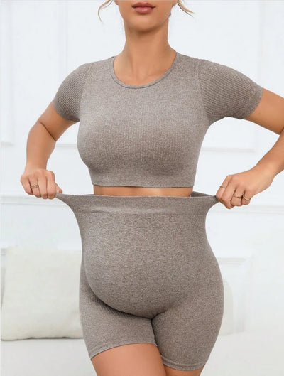 Women's Maternity 2 Piece Seamless Short Sleeve Crop Top Legging Sets Workout Casual - PrimeandBeauty